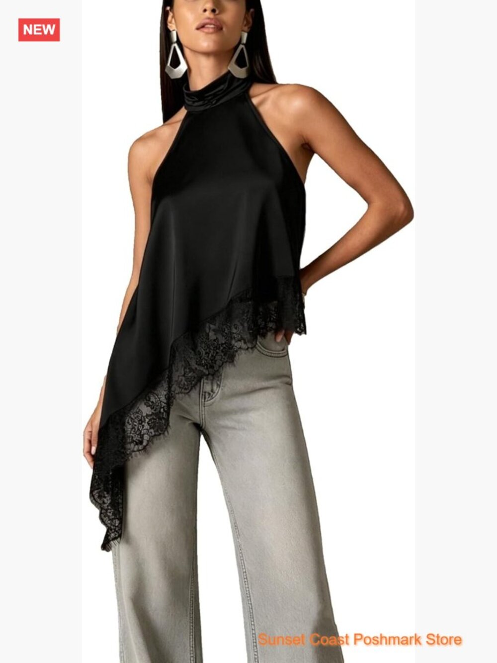 Satin Halter Top Mock Neck Lace Trim Asymmetrical Hem Tank Top Sleeveless Going